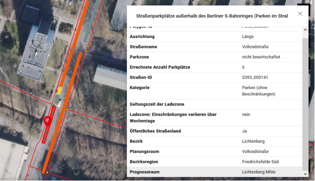 Screenshot aus dem Geoportal Berlin auf dem die straßenrechtlichen Einordnung der Volkradsstraße an dem Abschnitt an dem der Agnes-Kraus-Weg kreuzt