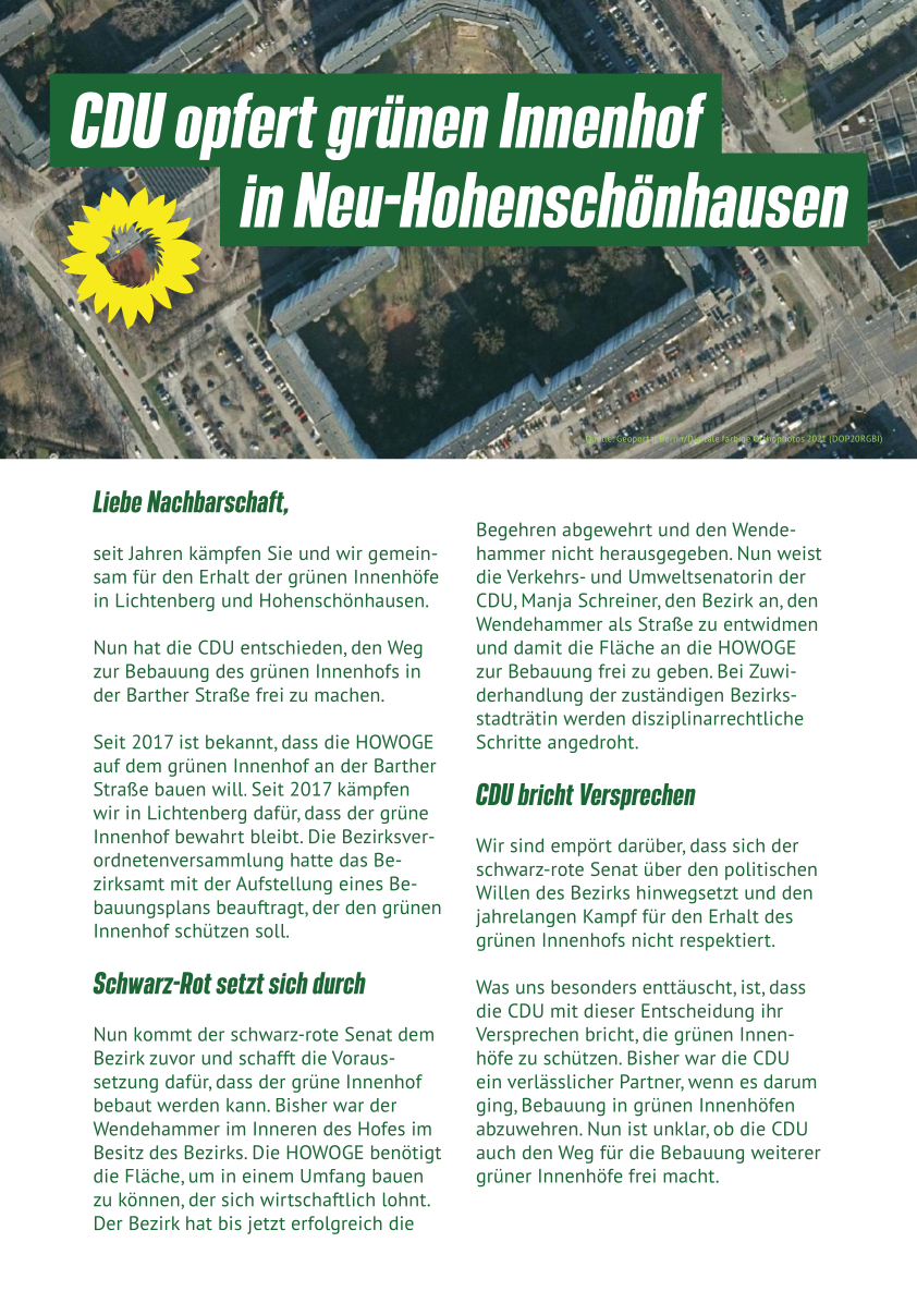 Luftaufnahme des Innenhofs an der Barther Straße mit Text des Flyers darunter