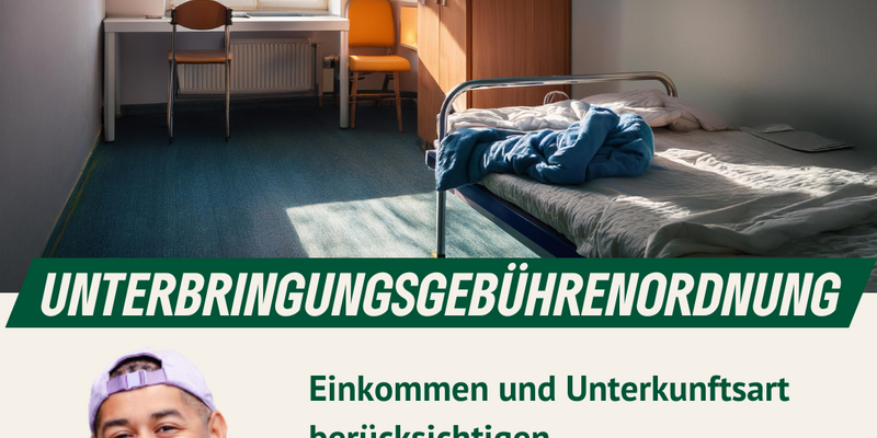 Symbolbild Zimmer mit einfachen Möbeln, Text: Unterbringungsgebührenordnung Einkommen und Unterkunftsart berücksichtigen, Foto von Dante Davis