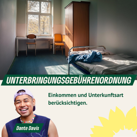 Symbolbild Zimmer mit einfachen Möbeln, Text: Unterbringungsgebührenordnung Einkommen und Unterkunftsart berücksichtigen, Foto von Dante Davis