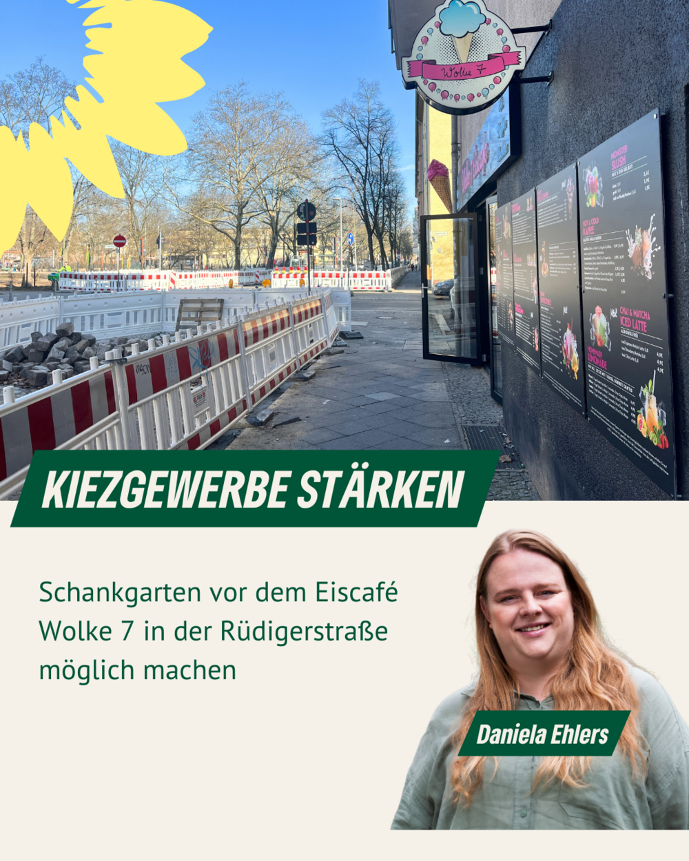 ein Straße, rote-weiße Absperrbarken, ein Gehweg, Porträt von Daniela Ehlers