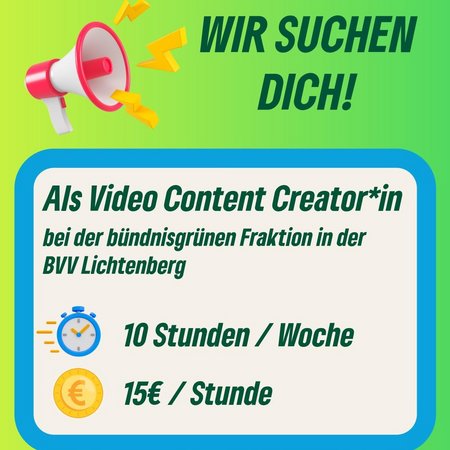 Sharepic mit dem Aufruf sich als Video Content Creator*in zu bewerben