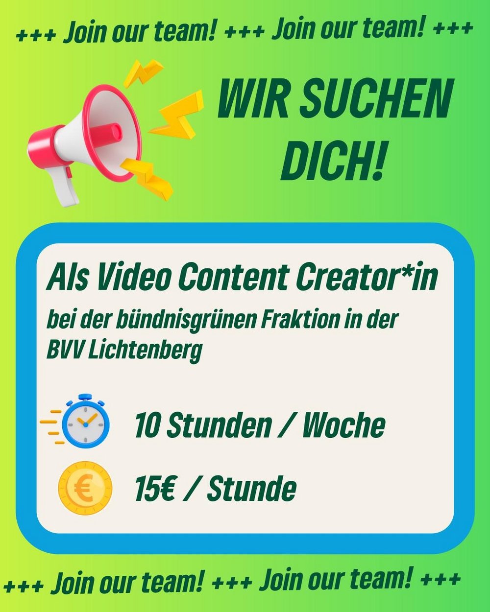 Sharepic mit dem Aufruf sich als Video Content Creator*in zu bewerben