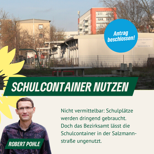 Schulcontainer, davor ein Porträt von Robert Pohle