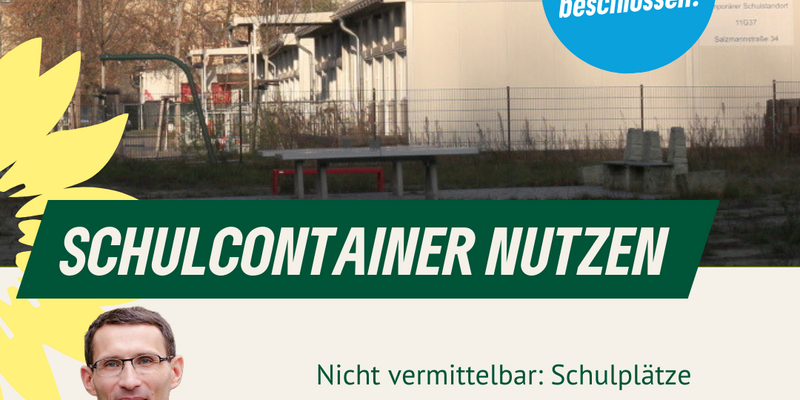Schulcontainer, davor ein Porträt von Robert Pohle